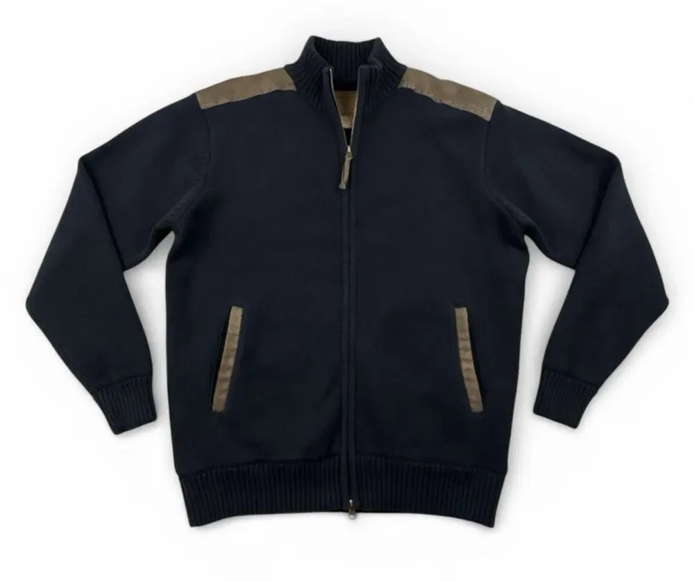 North River Sweater Jacket Mens M Full Zip Black Beige Suede Shoulder Lined